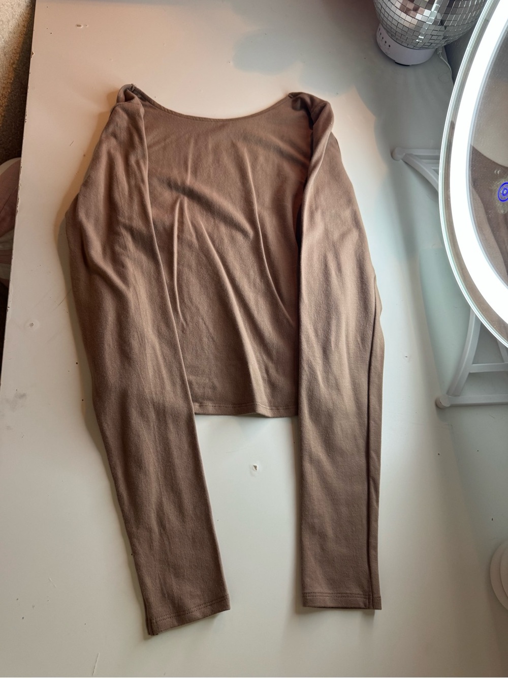 Classic Crewneck Long-Sleeve Open Back Top - Brown